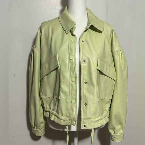 7 For All Mankind Light Green Faux Leather Crop Bomber Jacket Size XS - Picture 1 of 7